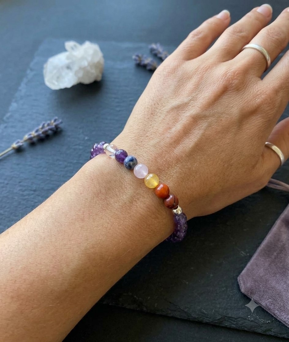 Una foto en primer plano de una mano sobre un fondo oscuro y texturizado, con una pulsera de amatista y chakras. La pulsera es una fina cadena de pequeñas cuentas de amatista de un color morado profundo, con siete cuentas centrales que representan los chakras. Estas cuentas, de varios colores, incluyen un morado oscuro (amatista para el tercer ojo/corona), un azul oscuro (lapislázuli para la garganta), un rosa claro (cuarzo rosa para el corazón), un amarillo (citrino para el plexo solar), un naranja (cornalina para el sacro) y un rojo oscuro (ágata para la raíz), flanqueadas por pequeñas cuentas plateadas y un cuarzo transparente. La mano está adornada con dos sencillos anillos de plata y descansa sobre una superficie de piedra negra. Al fondo, se pueden ver ramitas de lavanda seca, un cristal de cuarzo transparente y una esquina de una bolsa de tela de color morado oscuro
